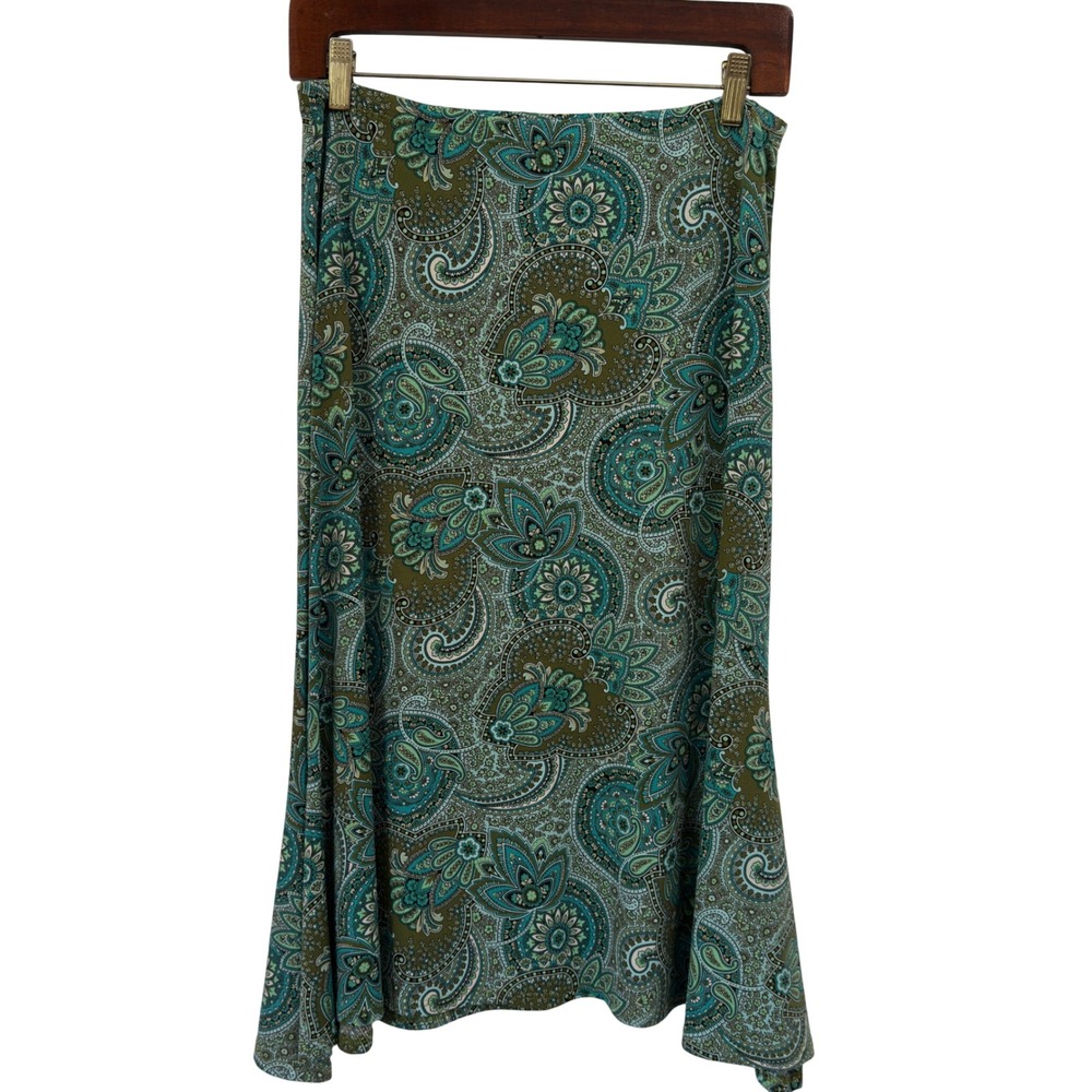 Susan Lawrence Slinky Paisley Midi Skirt Green Teal Pull On Whimsigoth M USA